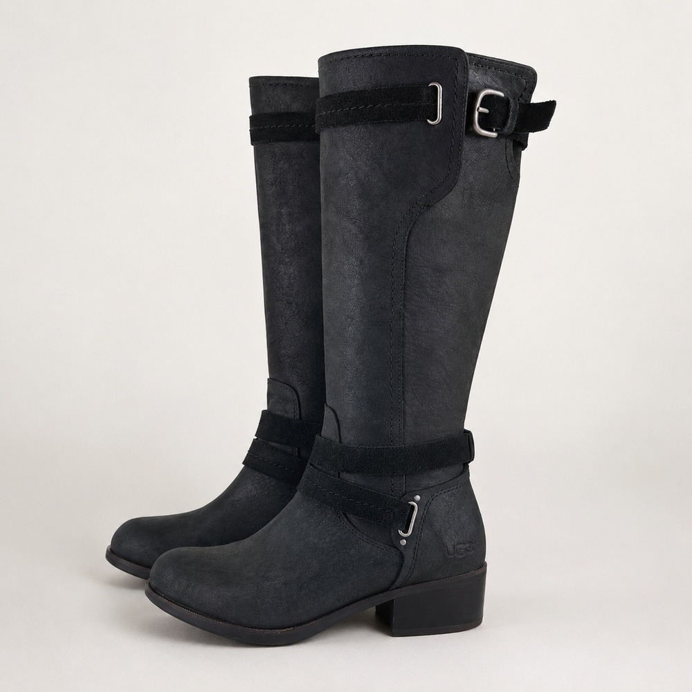 UGG Tall Riding Boots Women 7 Black Leather Suede Equestrain Buckle Harness